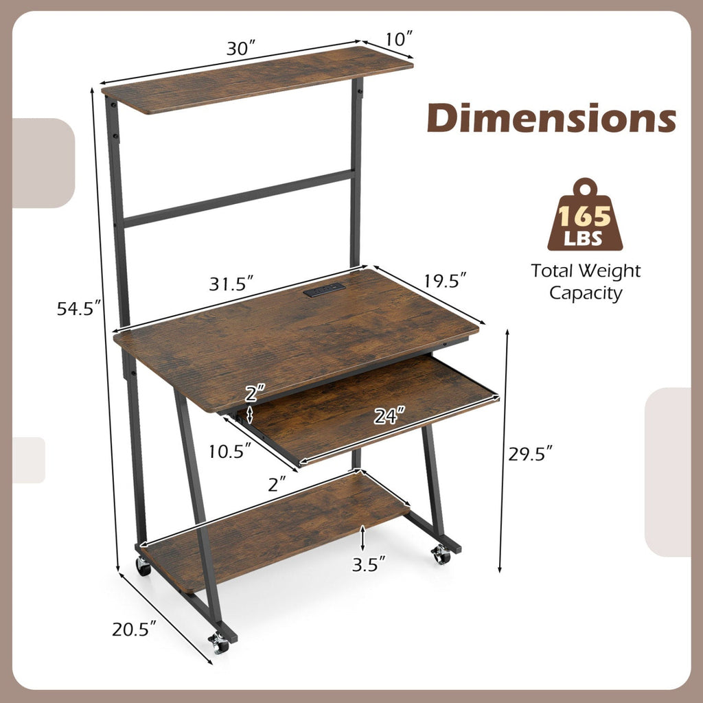 Small Computer Desk with Charging Station and LED Lights and Wheels