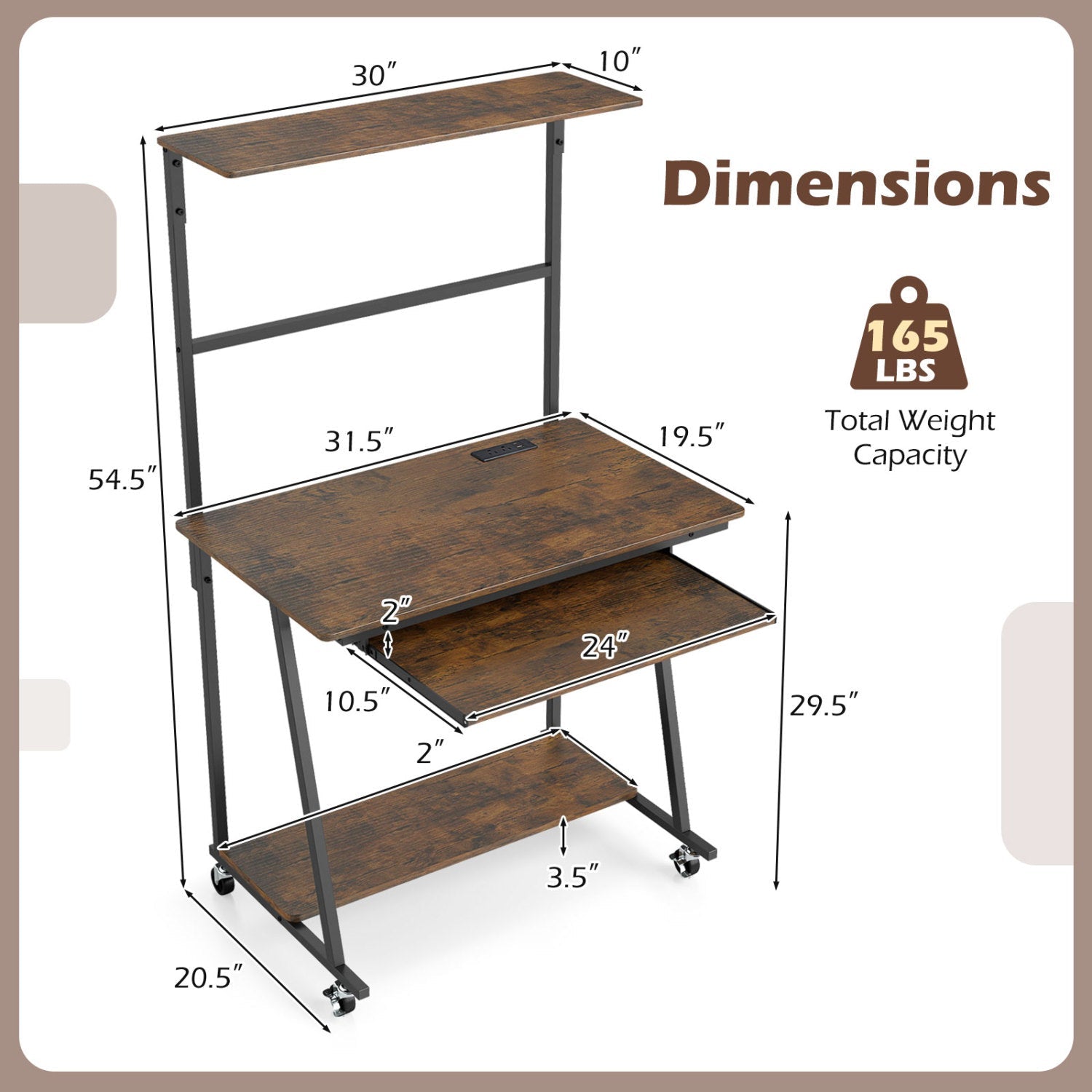 Small Computer Desk with Charging Station and LED Lights and Wheels