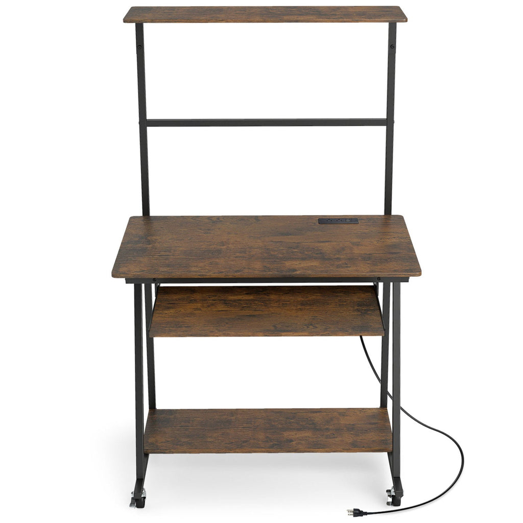Small Computer Desk with Charging Station and LED Lights and Wheels